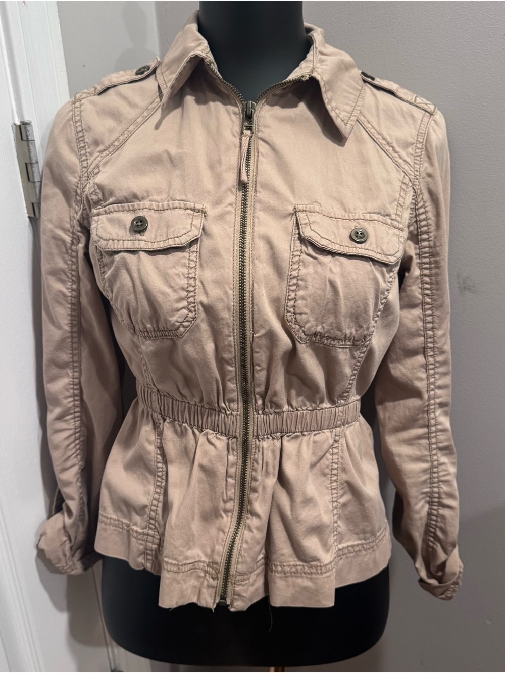 Mudd Utility Jacket Small Beige Zip Front Military Style Peplum Cotton Jacket